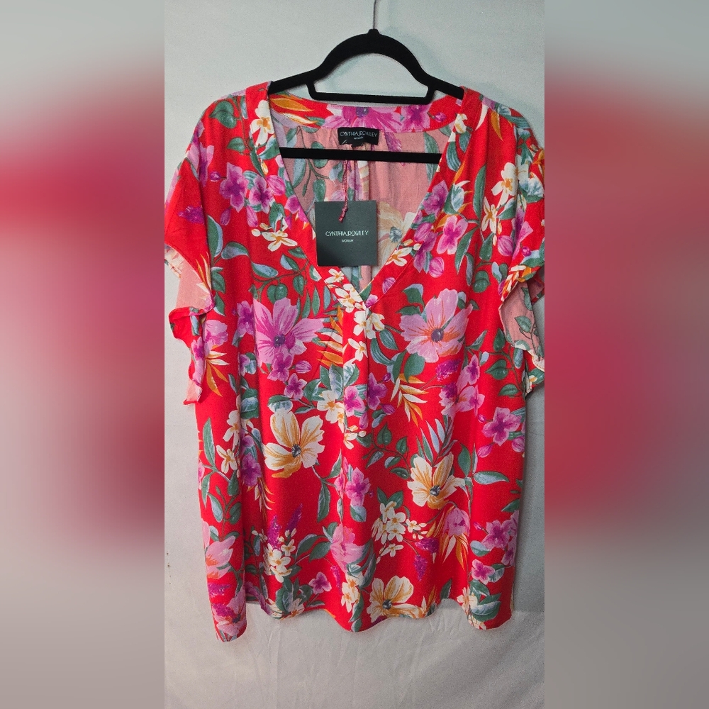 3/$25 NWT Cynthia Rowley Woman 3X Tropical Floral Flutter Sleeve Top
